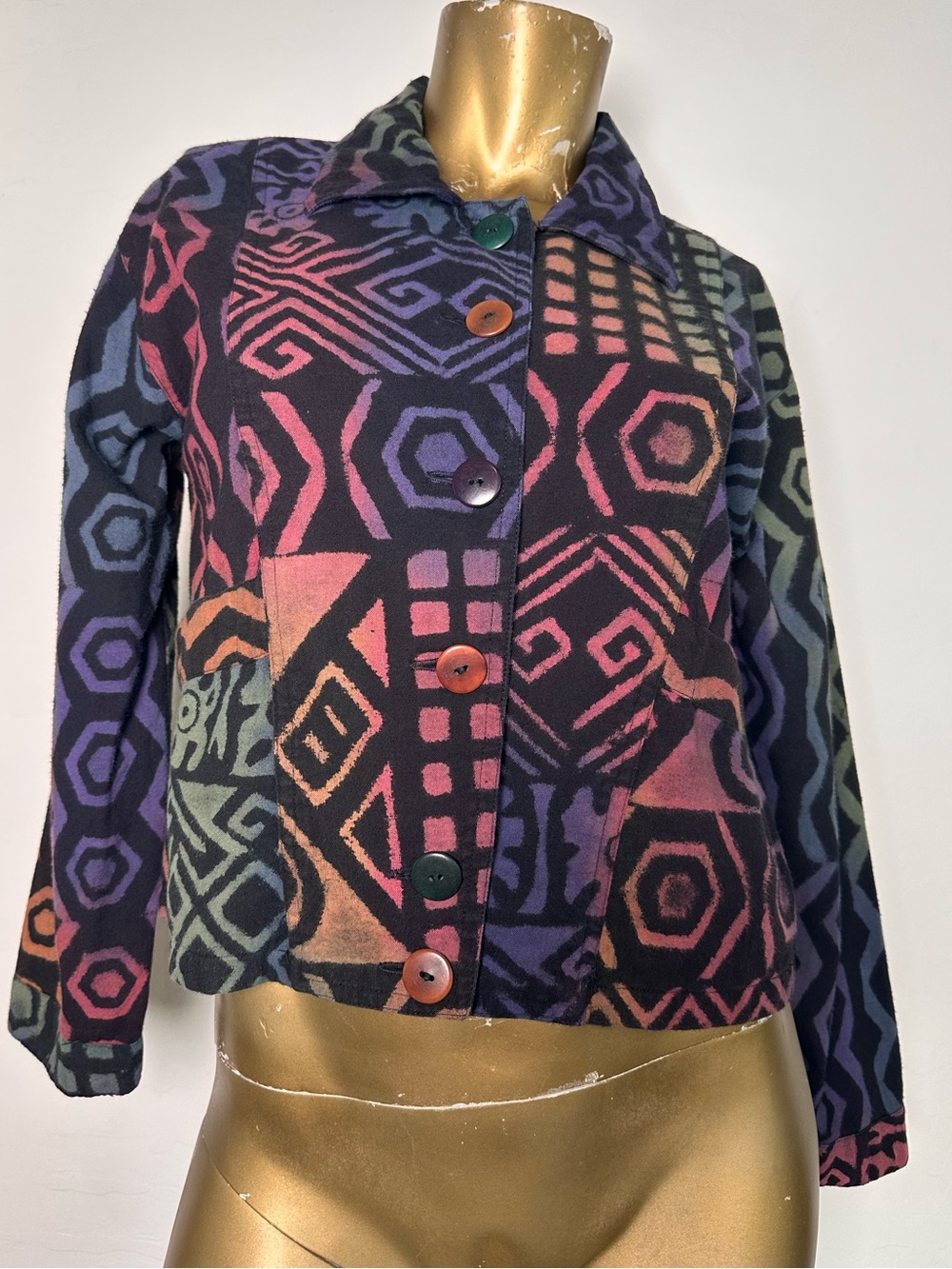 Vintage Winter Sun 100% Cotton colorful Geometric Cropped Jacket, Small, Ecuador